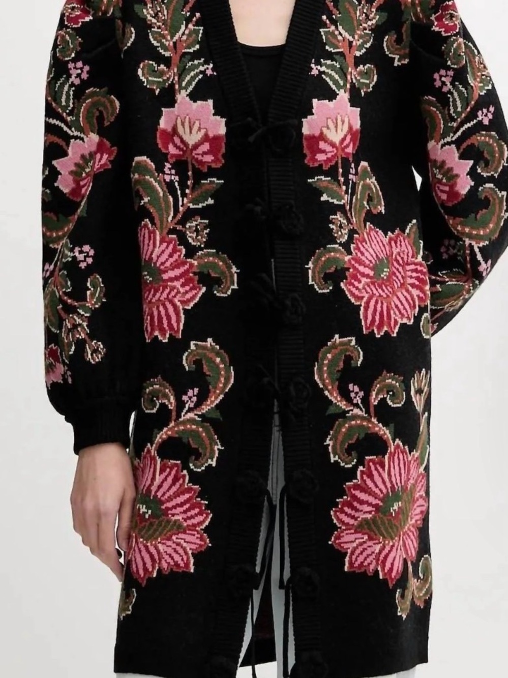 Farm Rio Ravenala Embroidered Long Cardigan Sweater - Black/Pink XS NWT